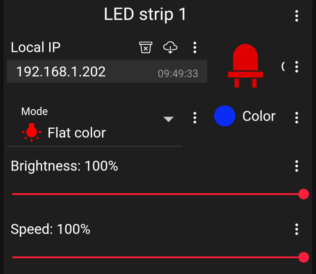 Example of the RGB module setup in the android's MQTT IoT Panel app.